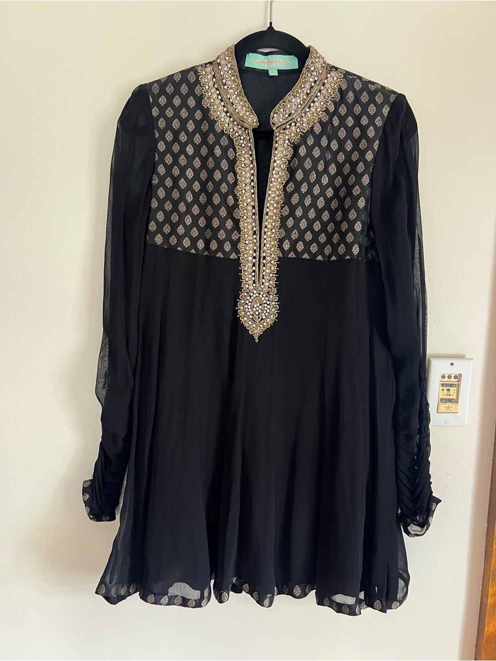 Embellished Black Chiffon Dress/Tunic w Gold Accents - 100% Silk Made in India